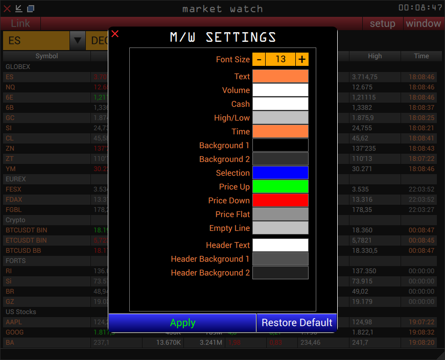 Market Watch の Setup 設定
